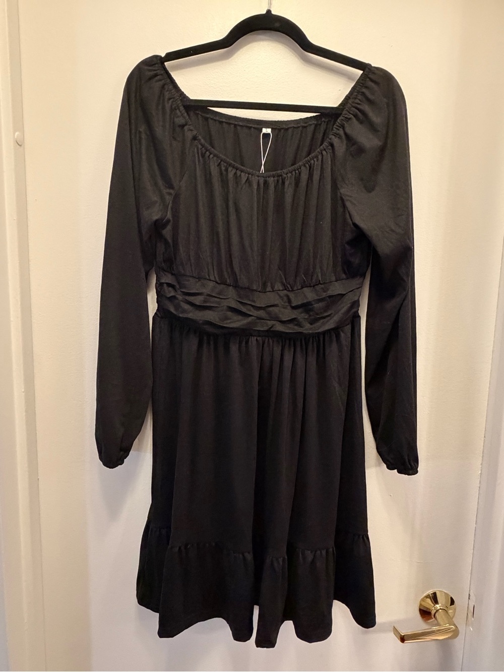 NWT Black Square Neck Mini Dress Women's Large Long Sleeve Ruched Fit Flare